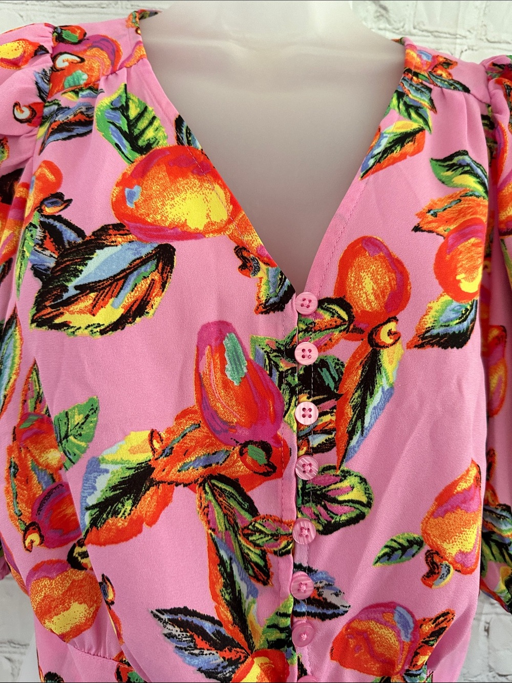 Joie NWT Bright Pink Tie-Front Button Down Fruit Print Crop Top size S - Picture 5 of 9